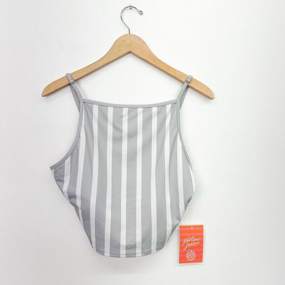 Kortni Jeane Women’s Grey and White Retro Stripe Square Neck Swim Tank - Picture 1 of 6
